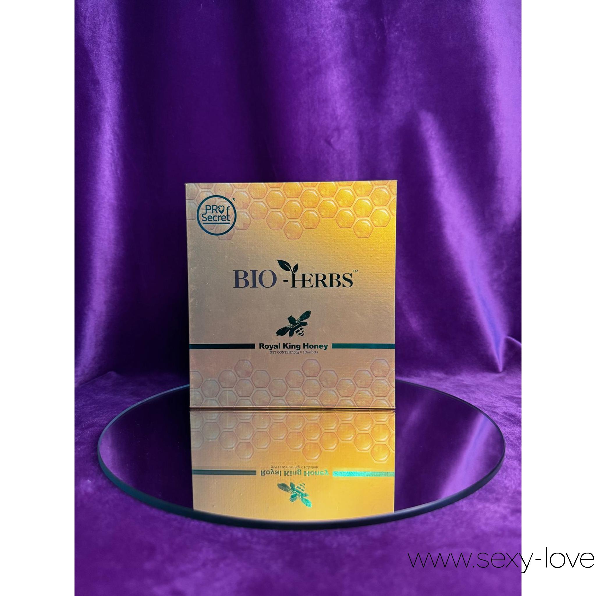 Малайзийский мёд «BIO HERBS Royal King Honey» 30мл, 
	Вкусный и полезный Мужской Элексир. Это натуральное снадобье, сделанное на основе тропических трав, которое является мощным натуральным средством для усиления Мужской потенции, увеличения сексуального желания и укрепления мужского здоровья. Усиливает эрекцию до максимума. Уменьшает стресс. Укрепляет физическую форму, профилактика простатита.

	Состав растительные экстракты; натуральный тропический Малайзийский мед. Тонгкат Али. Маточное молок. Мака перуанская. Женьшень. Корень куркумы. Экстракт трюфеля. Эврикома длиннолистная. Гималайский корень ласки. Трибуй.

	Рекомендации по применению: 1 саше хватает на 2 прменения.

	принимать половину пакетика саше на пустой желудок и за полчаса до половой близости.

	 
