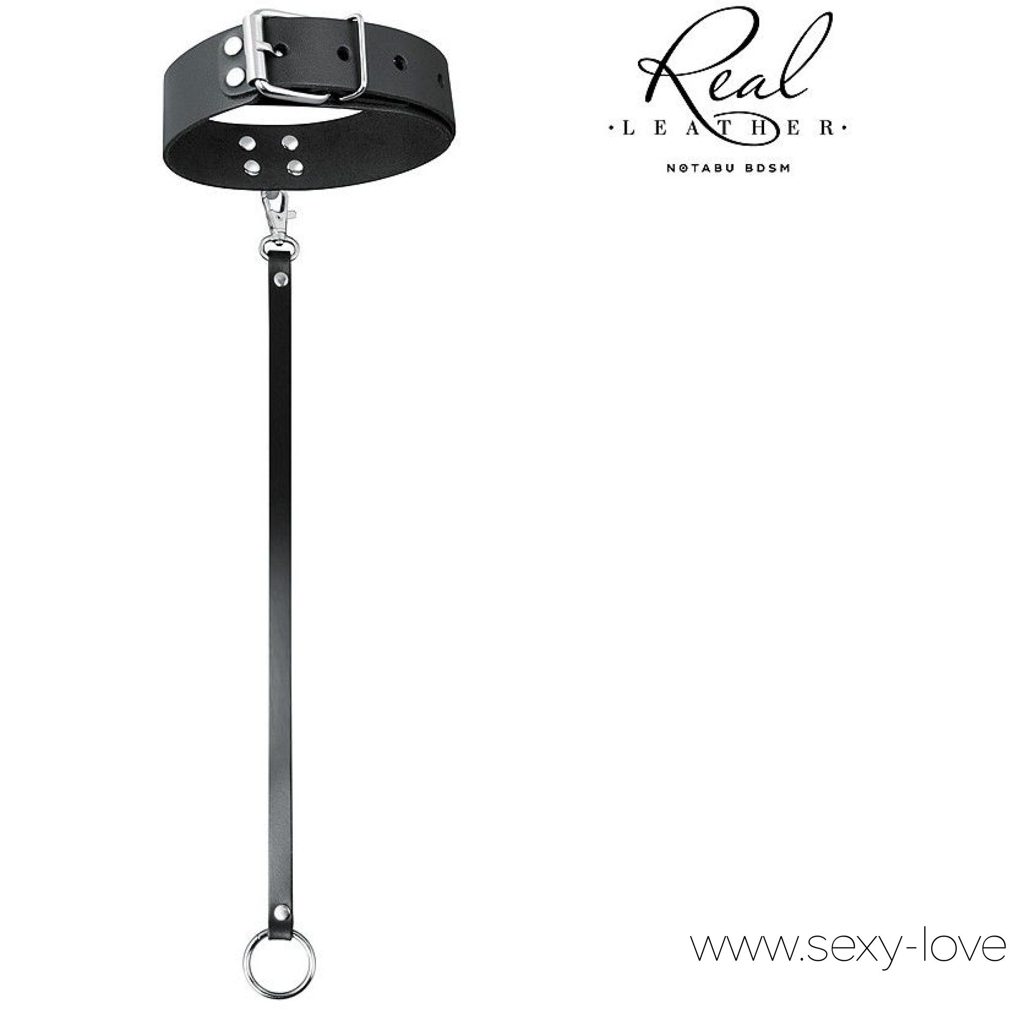 Кожаный ошейник с поводком, цвет черный, 
	Великолепный ошейник для любителей БДСМ-игр. Удобен в использовании, отлично подойдёт для новичков. Металлическая застёжка позволяет регулировать размер интимного аксессуара.

	 

	К изделию прилагается ремешок с карабином и кольцом. С его помощью ошейник можно соединять с наручниками или оковами, при этом сковывая движения партнёра.
