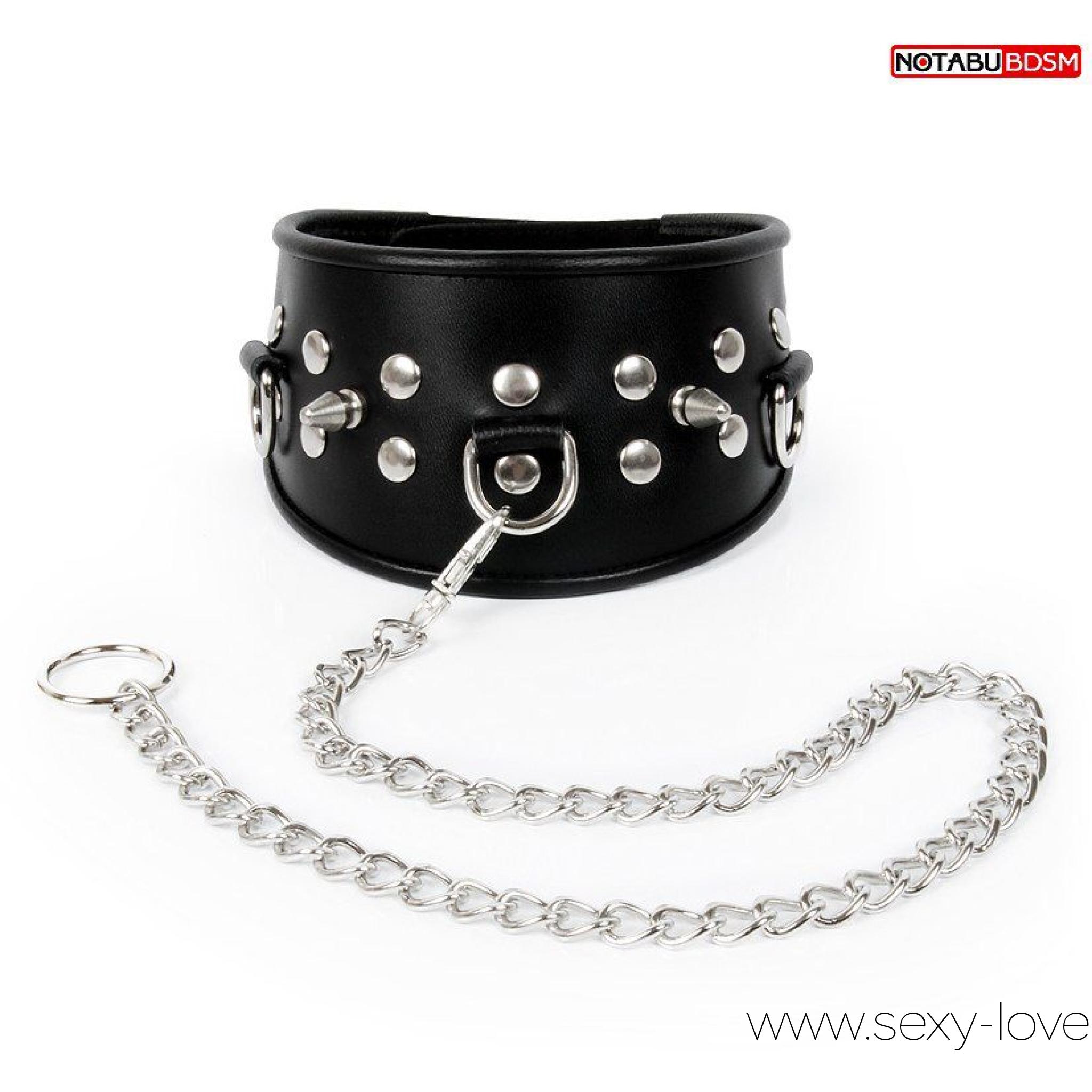 Ошейник БДСМ кожа, цвет черный, 
	Ошейник на заклепках с цепью поводком , цвет серный .

